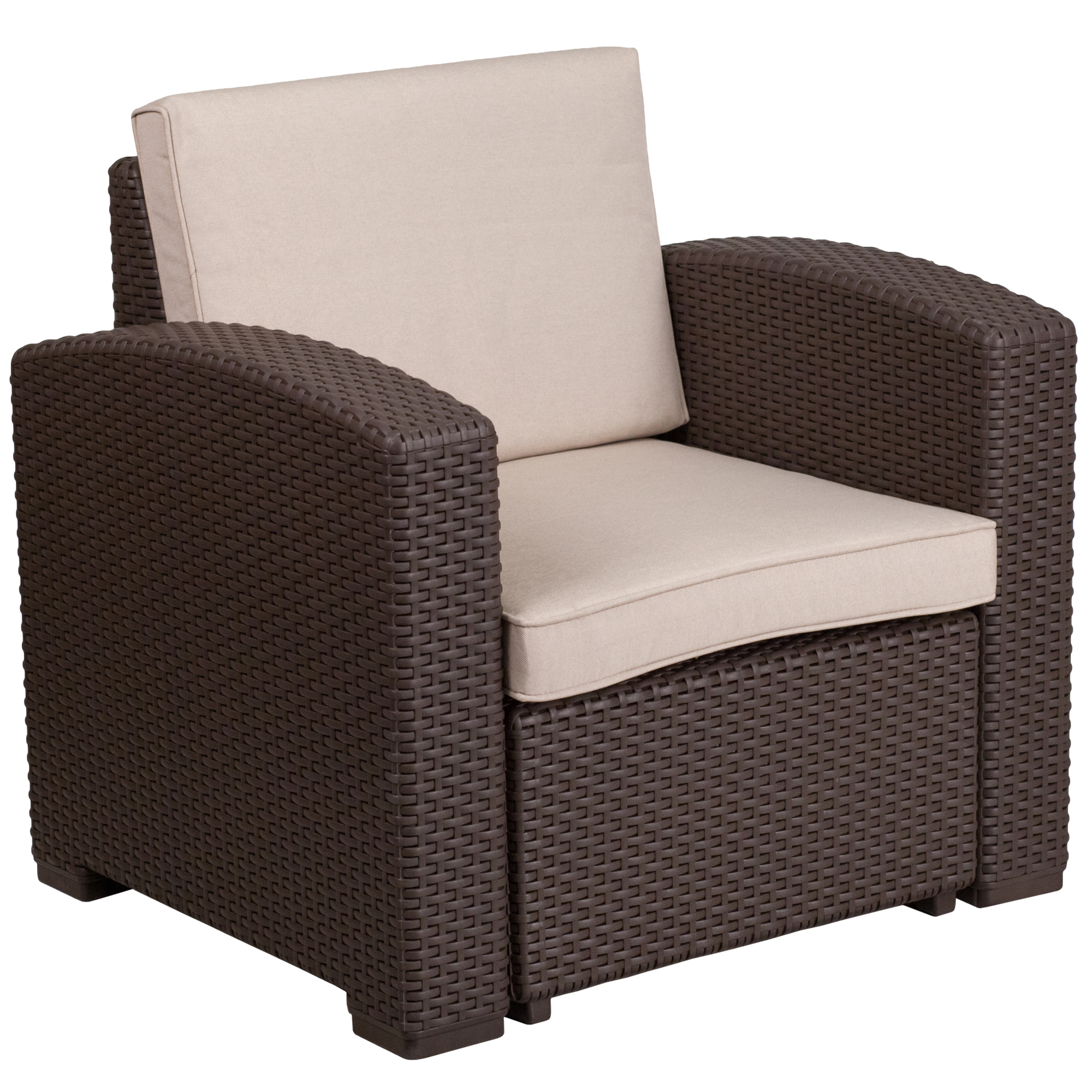 Flash Furniture, Chocolate Rattan Chair w/All-Weather Beige Cushion, Primary Color Brown, Material Resin, Width 32.75 in, Model# DADSF11
